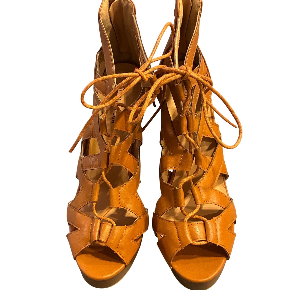 Top Moda Womens Gladiator Platform Sandals Lace Up Strappy Heels Tan Size 8